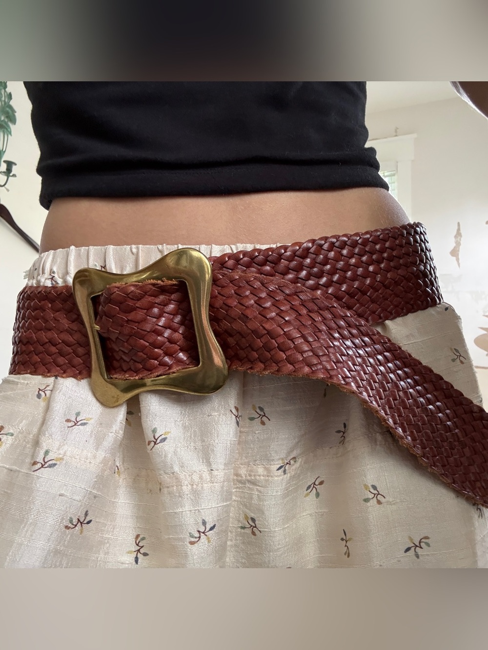 Vintage Lauren Ralph Lauren Wide Braided Leather Belt Brass Buckle Equestrian